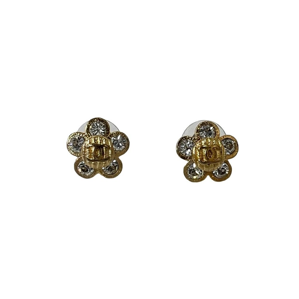 CHANEL Coco Mark Flower Motif Earrings, GP Rhinestone, Gold, 55779